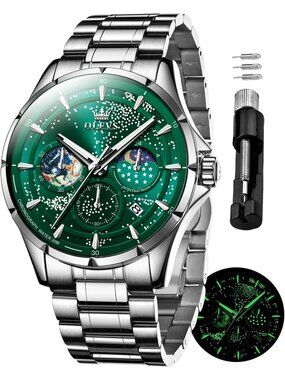 Men's Silver Band Green Dial Starry Sky Moon Phase Dial Luxury Analog Wristwatch